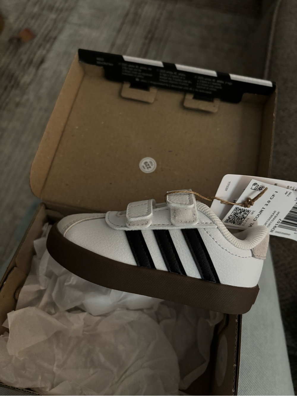 adidas Kids White Sneakers with Black Stripes and Brown Sole